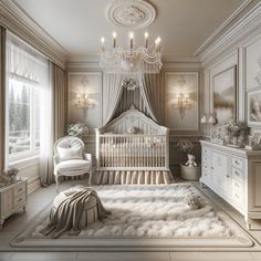 a baby's room with a chandelier, crib and dressers