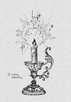 a drawing of a lit candle in a vase