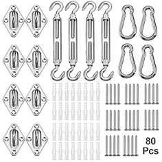 an assortment of metal hooks and shacks