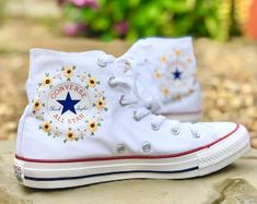 Jean Embroidery, Embroidered Sunflowers, Personalized Converse, Sunflowers And Daisies, Forget Me Not Flowers, Wedding Converse