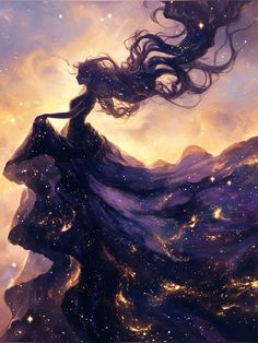 a woman with long hair standing on top of a mountain under the stars in the sky