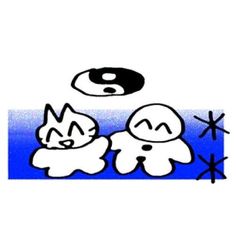 an image of two ghost characters in front of a blue background with black and white stars