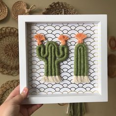 Two green macrame cactus displayed in a wooden frame Nautical Crafts, Makramee Diy, Rainbow Macrame, Macrame Wall Hanging Patterns, Ottawa Ontario