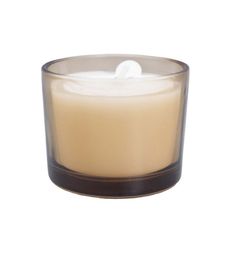 a small glass candle with a brown rim and white wax in the center on a white background