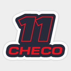 the number 11 checo sticker in red and black on a white background,