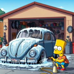 the simpsons character is washing his car in the driveway with a yellow hose and water