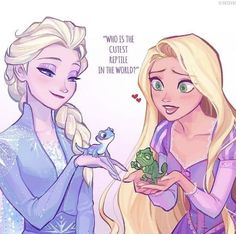 an image of two princesses with frog in their hands and the caption'who is the cutest reptile in the world? '