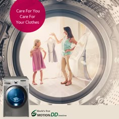 an advertisement for a washing machine with two women looking at clothes in the washer