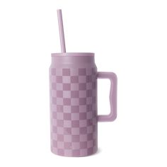 a purple coffee mug with a straw sticking out of it