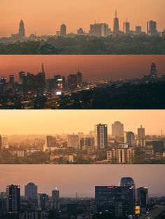 two pictures of city skylines at different times of day and night