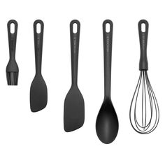 five kitchen utensils lined up in a row