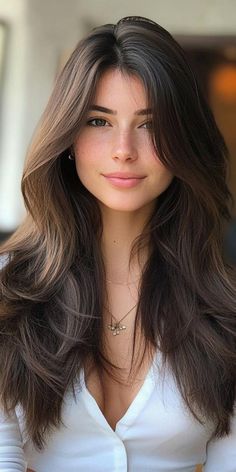 Haircuts For Tall Foreheads, Face Framing Layers Below Chin, Long Layered Hair For Oval Faces, Medium Long Layers With Face Framing, Long Layered Hair With Volume, Cute Haircuts For Brown Hair, Trendy Haircuts Long Hair, Face Frames Long Hair, Long U Shaped Layers