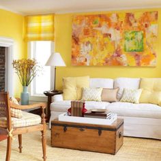 a living room with yellow walls and furniture