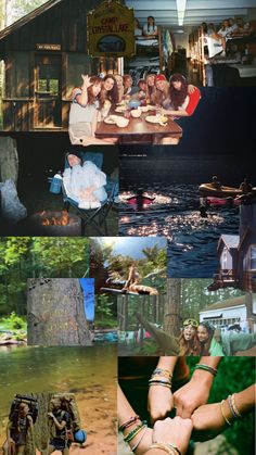 the collage shows people sitting at picnic tables and eating food in front of a cabin