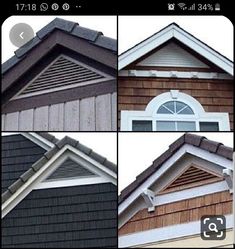 four pictures of different types of windows on the side of a house with wood shingles