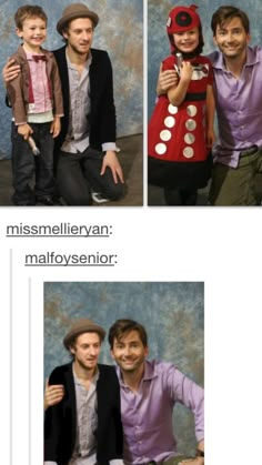 three different pictures of people posing for the camera, one with a hat and another with a costume on