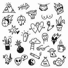 a bunch of doodled drawings that are on a white background with black and white colors