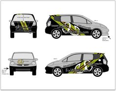 the side and back view of a van wrapper for a car with an abstract design