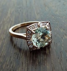 14K Rose Gold Vintage Floral Green Aquamarine Color Amethyst Engagement Ring Scalloped Diamonds Antique Style by DeAguiarDesigns on Etsy https://www.etsy.com/listing/272748080/14k-rose-gold-vintage-floral-green Amethyst Ring Engagement, Colored Stone, Wedding Rings Vintage, Blue Nile, Vintage Engagement, Pretty Jewellery, Vintage Engagement Rings