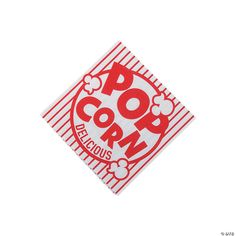 a red and white striped paper napkin with the word pop corn printed on it's side