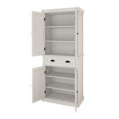 an open white cabinet with two doors and shelves on the bottom, side by side