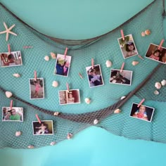 the wall is decorated with pictures and seashells on it's netting net