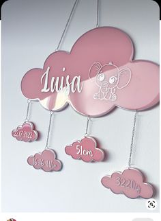 a pink cloud with the name lusa hanging from it's side and four clouds on