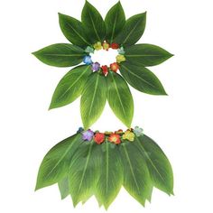 two green leaves with flowers on them are arranged in the shape of a flower arrangement