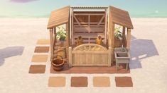 an animated image of a small wooden hut on the beach with sand and plants in it