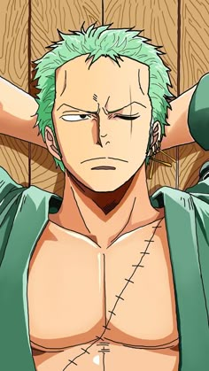 an anime character with green hair and piercings on his ears, wearing a green shirt