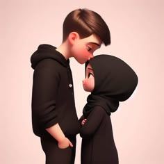 two children are dressed in black clothing and one is kissing the other