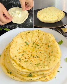 the process of making tortilla bread is shown in three pictures and then finished