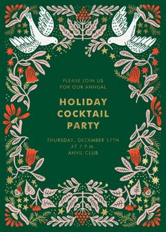 a holiday cocktail party with two white doves and holly wreath around the frame on green background