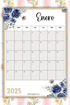 a calendar with blue flowers on it and the word enero written in black ink