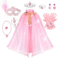 a pink princess costume with accessories including gloves and tiara