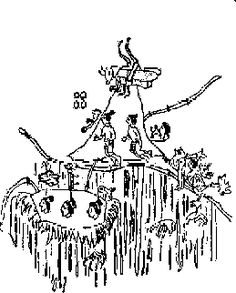 a black and white drawing of a castle with birds on it's roof, surrounded by trees