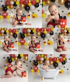 a baby is sitting in front of mickey mouse balloons and eating cake with his hands