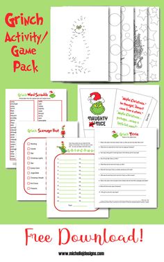 the grin activity pack with free printables for kids to use on their christmas activities