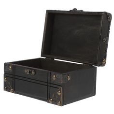 an open black leather trunk on a white background