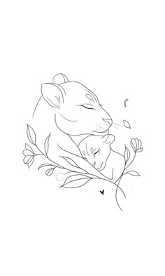 a black and white drawing of two cats sleeping on top of a branch with leaves