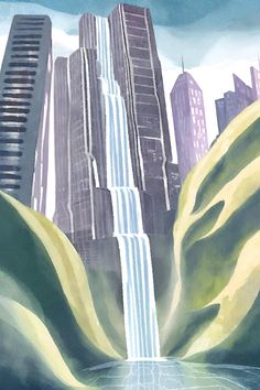 a painting of a waterfall in the middle of a city with tall buildings on either side