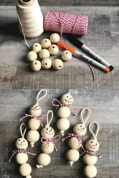 several wooden beads and some yarn on a table