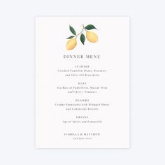 the lemon tree menu card is shown in white and has two lemons on it