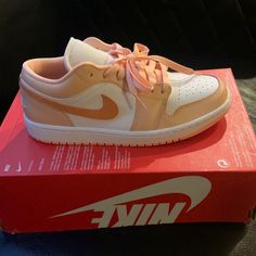 New Jordan 1 Peach Low Tops. Peach Lace-up Sneakers For Sports, Sporty Peach Lace-up Sneakers, Peach Low-top Sports Sneakers, Casual Peach Round Toe Sneakers, Peach Round Toe Sneakers For Streetwear, Nike Jordans, Shoes Air, Womens Jordans, Newest Jordans