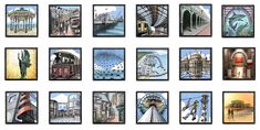 a bunch of pictures that are on a white wall with black frames and some buildings