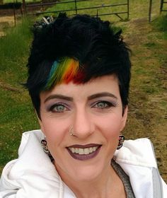 Rainbow Pixie Hair, Black And Purple Pixie Hair, Rainbow Faux Hawk, Short Bob Rainbow Hair, Rainbow Hair Color Short Pixie, Black Hair Rainbow Bangs, Short Rainbow Hair, Stacked Inverted Bob, Inverted Bob Haircut