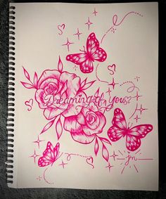 a drawing of roses and butterflies with the words i love you written on one side