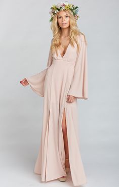 Venus Long Sleeve Flare Dress ~ Dusty Blush Crisp | Show Me Your MuMu Flowy Silk Long Sleeve Chiffon Dress, Beige Flowy Long Sleeve Chiffon Dress, Bell Sleeve Robe, Pink Flowy Bell Sleeve Dress, Bridesmaid Dresses Color Palette, Charmeuse Flutter-sleeve A-line Bridesmaid Dress, Goddess Wedding, Mumu Bridesmaid Dresses, How Many Bridesmaids