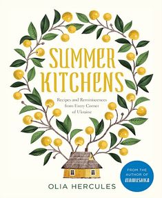 the book cover for summer kitchens by olia hercues, featuring an orange tree with