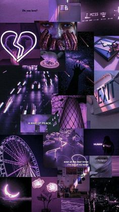 a collage of photos with neon lights in the background and an image of a ferris wheel